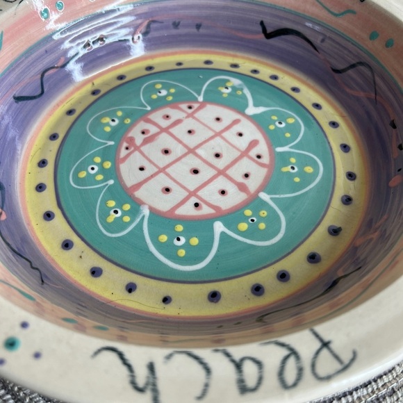 Whimsical Handmade Pottery Pie Deep Dish Plate Pan Hand Painted Apple Peach - Picture 10 of 11